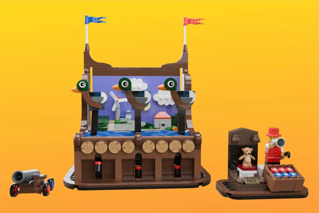 A LEGO set of a duck carnival game, joined by a small canon and the game leader who is standing next to the grand prize of a teddy bear.